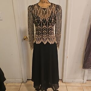 Cachet Black Dress with Gold Lace Detail